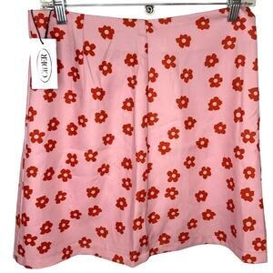 NWT Cider Mini Skirt Medium Pink Red Flowers A Line Zipper Retro Mod Fun